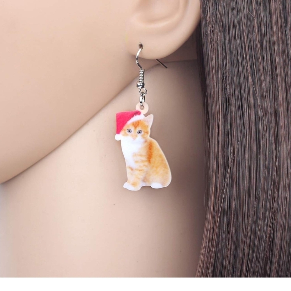 Women's jewelry festive holiday orange kitten in Santa hat dangle earrings
